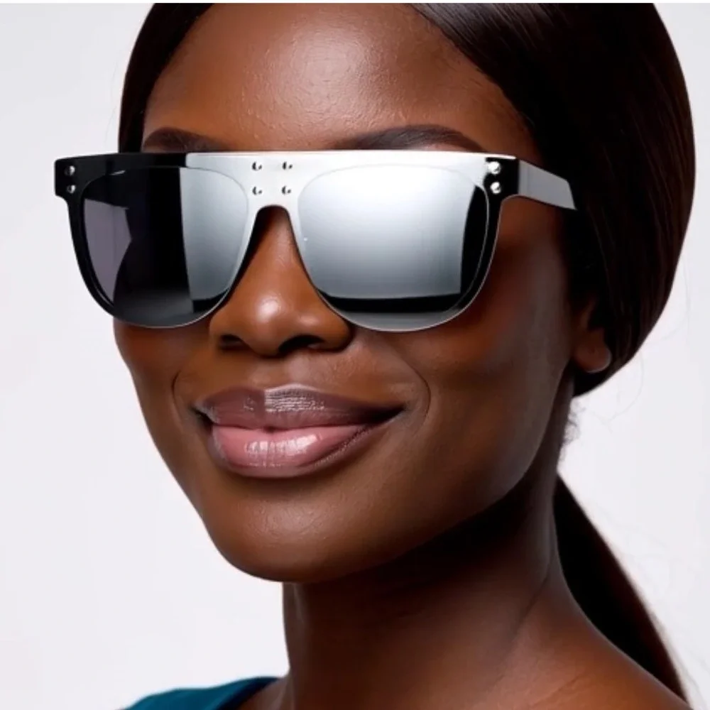 Luxury Sunglasses Silver Mirrored Lens Studded Shield Women Lentes Mujeres New‎